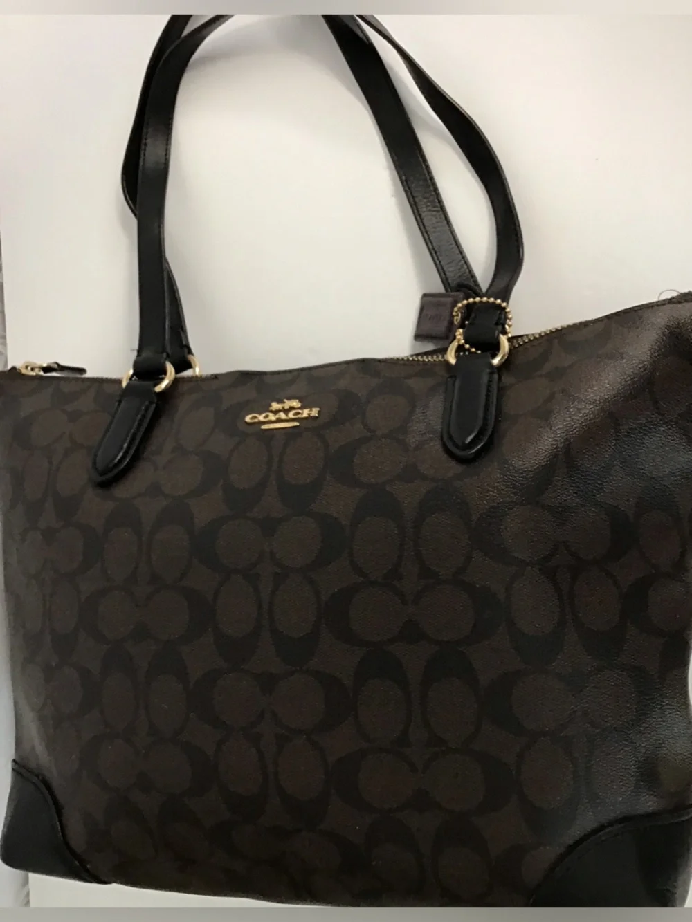 Coach Brown Signature Canvas Shoulder Tote with Black Straps